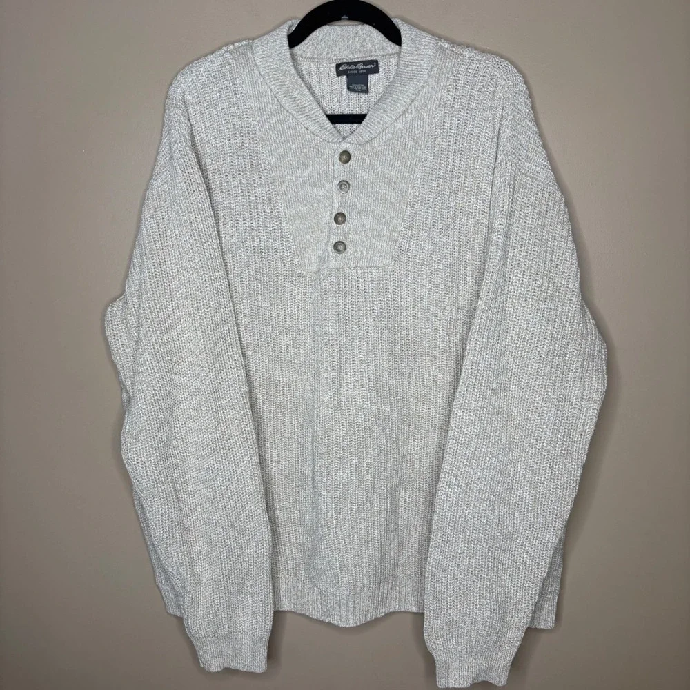 Eddie Bauer Mens XXL Beige Marled Cotton Heavy Chunky Knit Shawl Henley Sweater